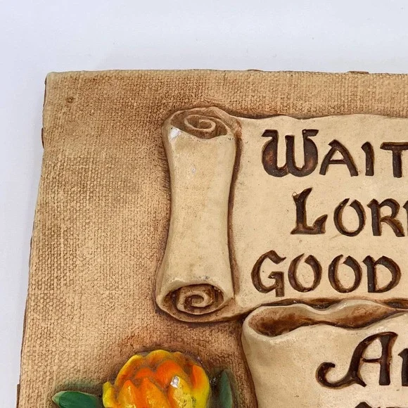 Scroll Heavy Plaque Wait on the Lord Psalm 27:14 H.A. Larsen 1946 Chalk Plaster - Picture 6 of 12